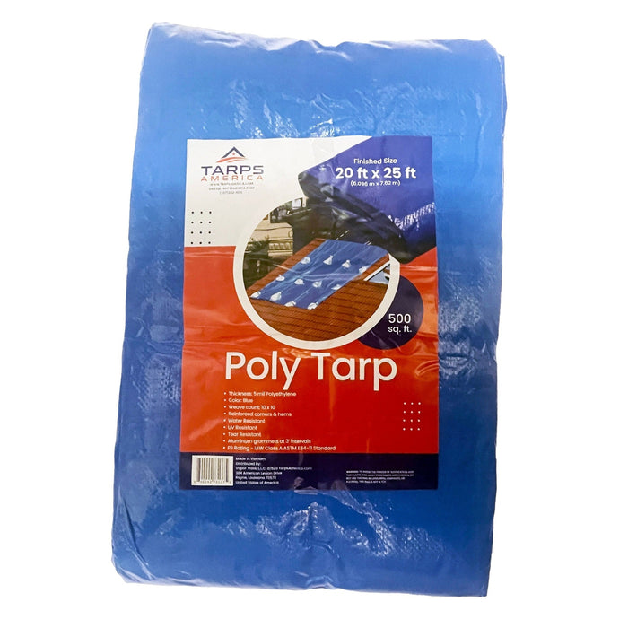 Blue Poly Tarp 20' x 25' (3) Pack - Multipurpose Protective Cover - Lightweight, Durable, Waterproof, Weather Proof - 5 Mil Thick Polyethylene - Tarps America